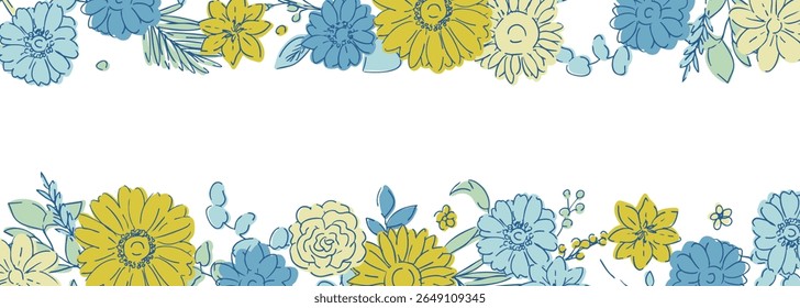 Line drawing sunflower frame. Summer sunflower background. Summer frame with sunflowers and plants.