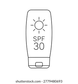 Line drawing of a sunscreen bottle with SPF 30 and a sun symbol, for skin protection.