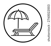 Line drawing of a sunshade and a deckchair in a circle icon