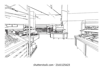 Line Drawing Of Super Market,Modern Design,3d Rendering