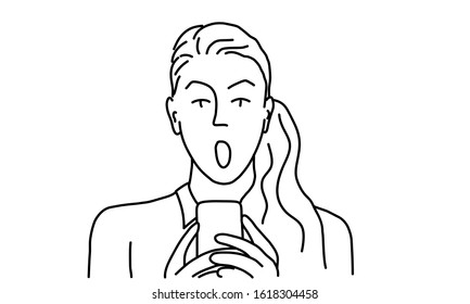 Line drawing of surprised young woman using smart phone. Vector illustration.