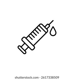 Line drawing of syringe with drop, conceptual illustration for healthcare