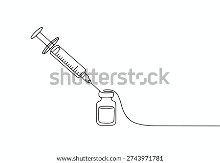 Line drawing of syringe injecting liquid from vial connected by tube