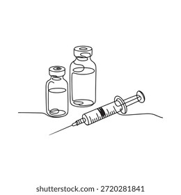 Desenho de linha de uma seringa vários frascos para injetáveis e suprimentos médicos