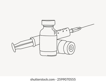 Line drawing of a syringe and vaccine vial. Medical illustration of a syringe and vial. Simple syringe and vial sketch on a plain background. Doodle illustration vector.