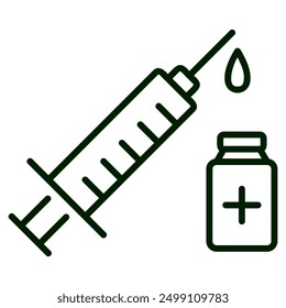 A line drawing of a syringe and vial of medicine. The syringe is filled with liquid and has a needle attached to it. A single drop of liquid is falling from the needle.