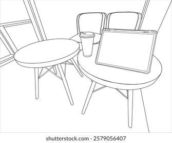 Line drawing of a table, chairs, tablet and coffee cup placed on a round table in a cafe