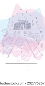 Line drawing of the Taj Mahal on a background of grunge brush strokes in a watercolor feel, vector