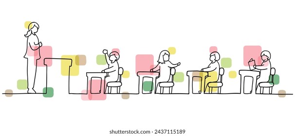 Dibujo lineal de un profesor y estudiantes dando una clase