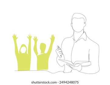 Line drawing of a teacher and students teaching a class. Student activity with the man teacher illustration in simple linear style vector concept.