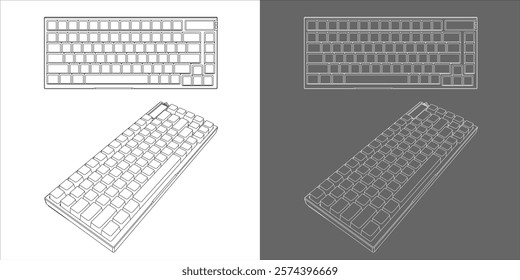 Line Drawing and Technical Design of Compact Mechanical Keyboard vector. isolated on white background