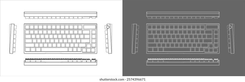 Line Drawing and Technical Design of Compact Mechanical Keyboard from all side view. isolated on white background