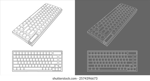 Line Drawing and Technical Design of Compact Mechanical Keyboard. isolated on white background