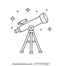 A line drawing of a telescope on a tripod, surrounded by stars and circles, for astronomy and space exploration themes.