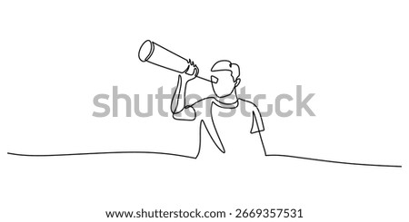 Line drawing of a telescope user. Simple illustration representing strategic foresight, innovation, and the pursuit of opportunity. Continuous single hand drawn with editable stroke.