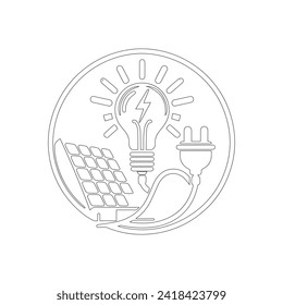 A line drawing that never stops Solar energy is symbolized by a solar panel, plug, and lightbulb. Suitable for banners, slide shows, logos, and emblems. diagram using a template for a quote. Purchase 