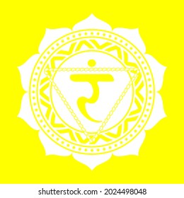 Line drawing.The third chakra of Manipur. Solar Plexus Chakra with Hindu Sanskrit. Yellow is a flat symbol of meditation, yoga. Vector