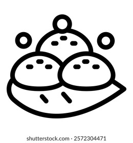 Line drawing of three buns covered in sesame seeds, resting on a plate