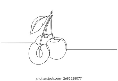 Dibujo de línea de tres cerezas con hojas, una rebanada abierta, Dos cerezas de línea continua de arte, línea de fruta de cereza natural de arte
Dibujo continuo de Vector de cereza de una línea. Abstractas estilo minimalista