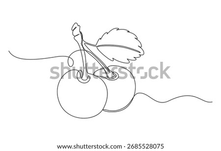 Line drawing of three cherries with leaves, one sliced open,Two Cherries Continuous Line Art,natural cherry fruit line art
Continuous one line cherry vector drawing. Abstract minimalistic style