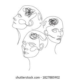 Line Drawing of Three Human Heads With Confused Thoughts In Their Brain. Vector Illustration For Therapist And Psychologist