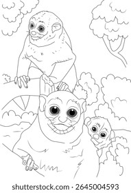 Desenho em linha de três bebês silvestres preguiçosos (galagos) sentados em uma árvore, ideal para colorir páginas de livros, material educacional ou ilustrações.