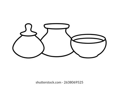 Line drawing of three simple pottery vessels