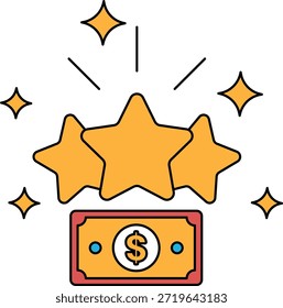 Un dibujo lineal de tres estrellas y un billete de un dólar. Las estrellas se colocan encima del billete de un dólar, y el billete de un dólar está rodeado por un círculo. Concepto de éxito y logro