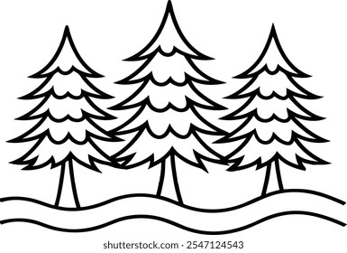 Line drawing of three stylized evergreen trees in a snowy landscape. Simple, minimalist design, suitable for coloring or winter themes.