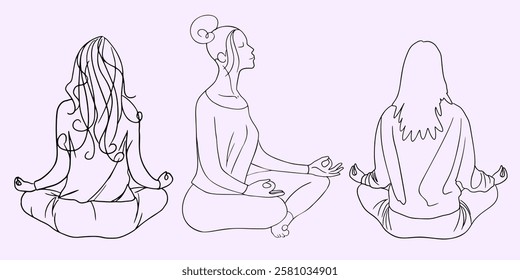 Line drawing. Three women meditate in the lotus position from different angles. Yoga, lifestyle, relaxation. Vector illustration.