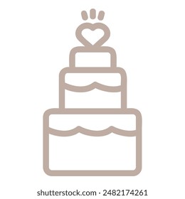 A line drawing of a three-tier wedding cake with a heart on top.