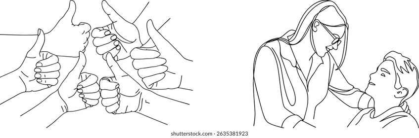 Line drawing of thumbs up representing success and medical professional with patient
