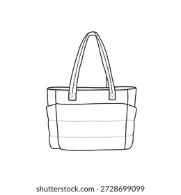 Linienzeichnung eines Totenbeutels. Diese minimalistische Illustration zeigt die Form, die Griffe und die vorderen Taschen der Tasche. Schultertasche für Reisen, Arbeit und Fitness. Einzeln auf weißem Hintergrund.
