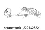 Line drawing tow truck is lifting the broken car to be lifted onto it using the crane. The car was damaged in a traffic accident. Single line draw design vector graphic illustration.