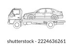 Line drawing tow truck is lifting the broken car to be lifted onto it using the crane. The car was damaged in a traffic accident. Single line draw design vector graphic illustration