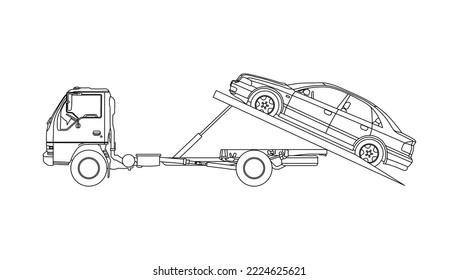 Line drawing tow truck is lifting the broken car to be lifted onto it using the crane. The car was damaged in a traffic accident. Single line draw design vector graphic illustration.