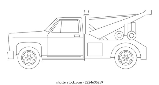 Line drawing tow truck is lifting the broken car to be lifted onto it using the crane. The car was damaged in a traffic accident. Single line draw design vector graphic illustration