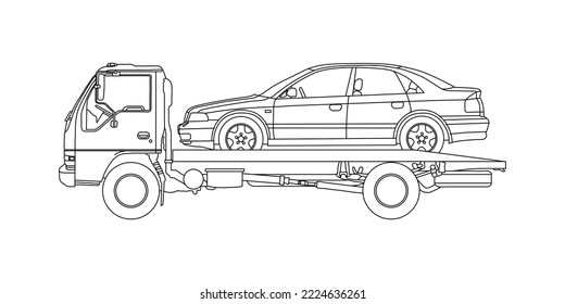 Line drawing tow truck is lifting the broken car to be lifted onto it using the crane. The car was damaged in a traffic accident. Single line draw design vector graphic illustration