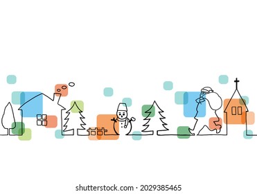 Line drawing of town landscape with Santa Claus for Christmas background.