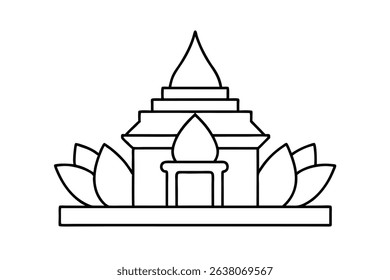 Line drawing of a traditional asian temple with lotus flowers