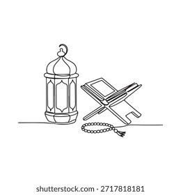 Line drawing of a traditional islamic lantern quran and prayer beads