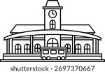 A line drawing of a train station with a clock tower and a train in front of the building