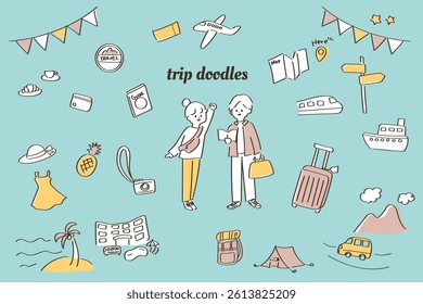 Line drawing travel and leisure illustration set - Cute hand-drawn illustrations