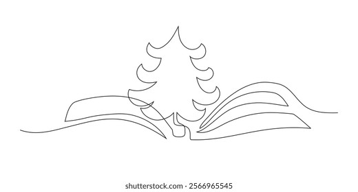 Line drawing of a tree amidst flowing landscape elements in a minimalistic style