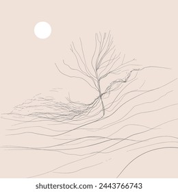 Line drawing of tree on background. Vector illustration. Abstract background with lines and art natural landscape background. Line design