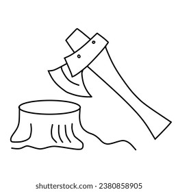 line drawing of tree stump with hammer or axe