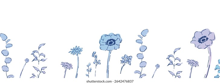 Line drawing of trees and flowers. Flower and plant illustration of hand drawing. Summer plants and trees vector illustration set.