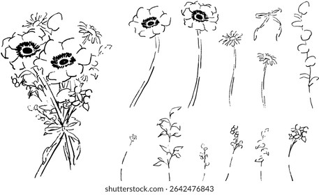 Line drawing of trees and flowers. Flower and plant illustration of hand drawing. Summer plants and trees vector illustration set.