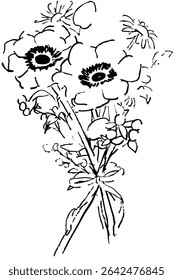 Dibujo de líneas de árboles y flores. Flor y planta ilustración de dibujo a mano. Conjunto de Ilustración vectorial de plantas y árboles de verano.