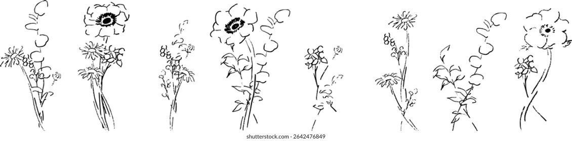 Desenho de linha de árvores e flores. Flor e planta ilustração de desenho à mão. Conjunto de ilustração vetorial de plantas e árvores de verão.
